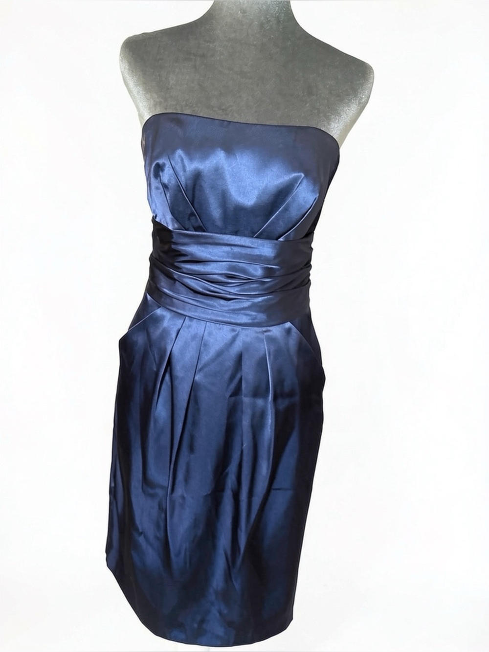 NWOT David's Bridal Navy Blue Satin Strapless Ruched Cocktail Dress - Size 4